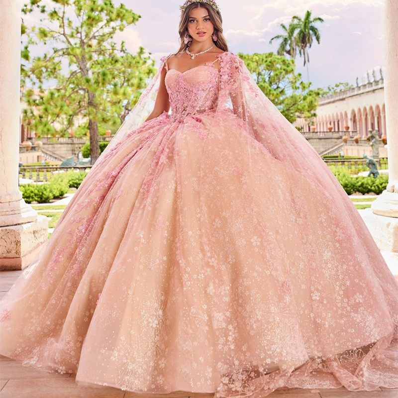 Pink Shiny Sweetheart Princess Quinceanera Dresses Lace Beading Tull With Cape Ball Gowns Vestidos De 15 Anos Sweet 16 Dress