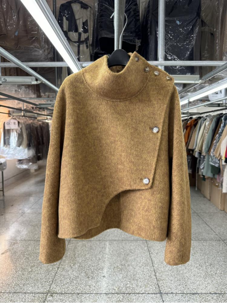 Stand Collar Office Lady Short Design Feeg Woolen Jackets 2024 Autumn And Winter Single Breasted Loose Women Wool Coats