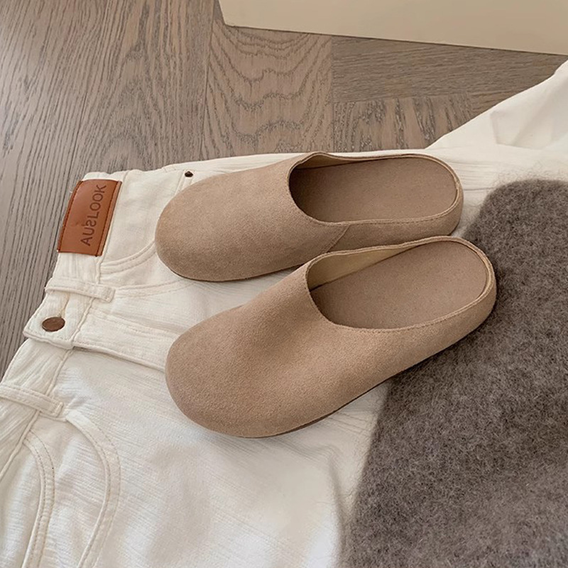 Cowhide Edition~Grape Mom Same Style Row Style One Step Stepping Flat Half Bag Boken Women's Shoes Casual Baotou Boken Slippers