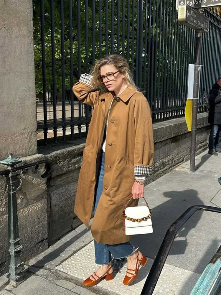 Womens casual khaki plain collar long coat fashionable single corset pocket 2024 autumn womens commuting windproof W240923