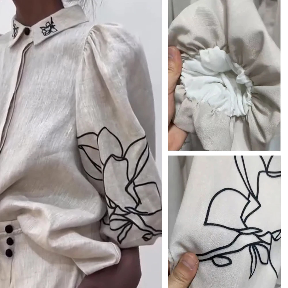 Cotton Sets Linen Stand Collar Lantern Sleeve Loose Flower Tops Wide Leg Oversize Wideleg Pants Summer Female Bubble Sleeve 240921