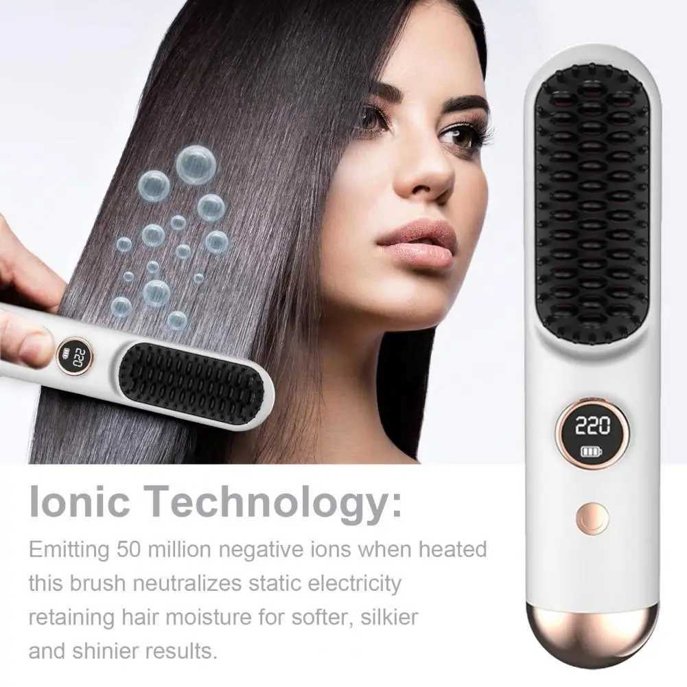 Straight hair brush LCD display screen 9 temperature adjustable fast heating charging cordless negative ion hot brush electric curling CL240923