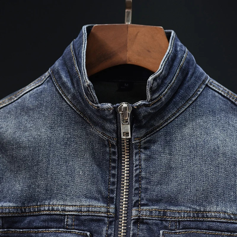 autumn and winter zipper pocket motorcycle denim jacket mens fashion nostalgic ultrathin retro 240921