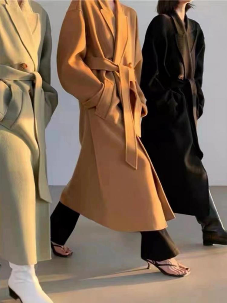 Double Breasted Office Lady Alpaca Woolen Jackets 2024 Autumn And Winter Suit Collar Loose Adjustable Waist Long Women Wool Coat
