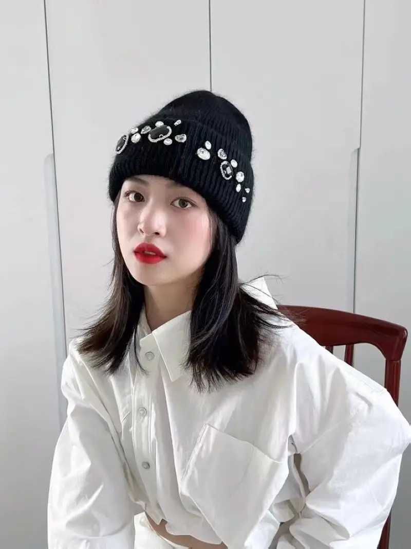 Beanie/Skull Caps Autumn and winter knitted hat rhinestone womens casual tren net red bowler hat warm versatile beanie ear hat J240923
