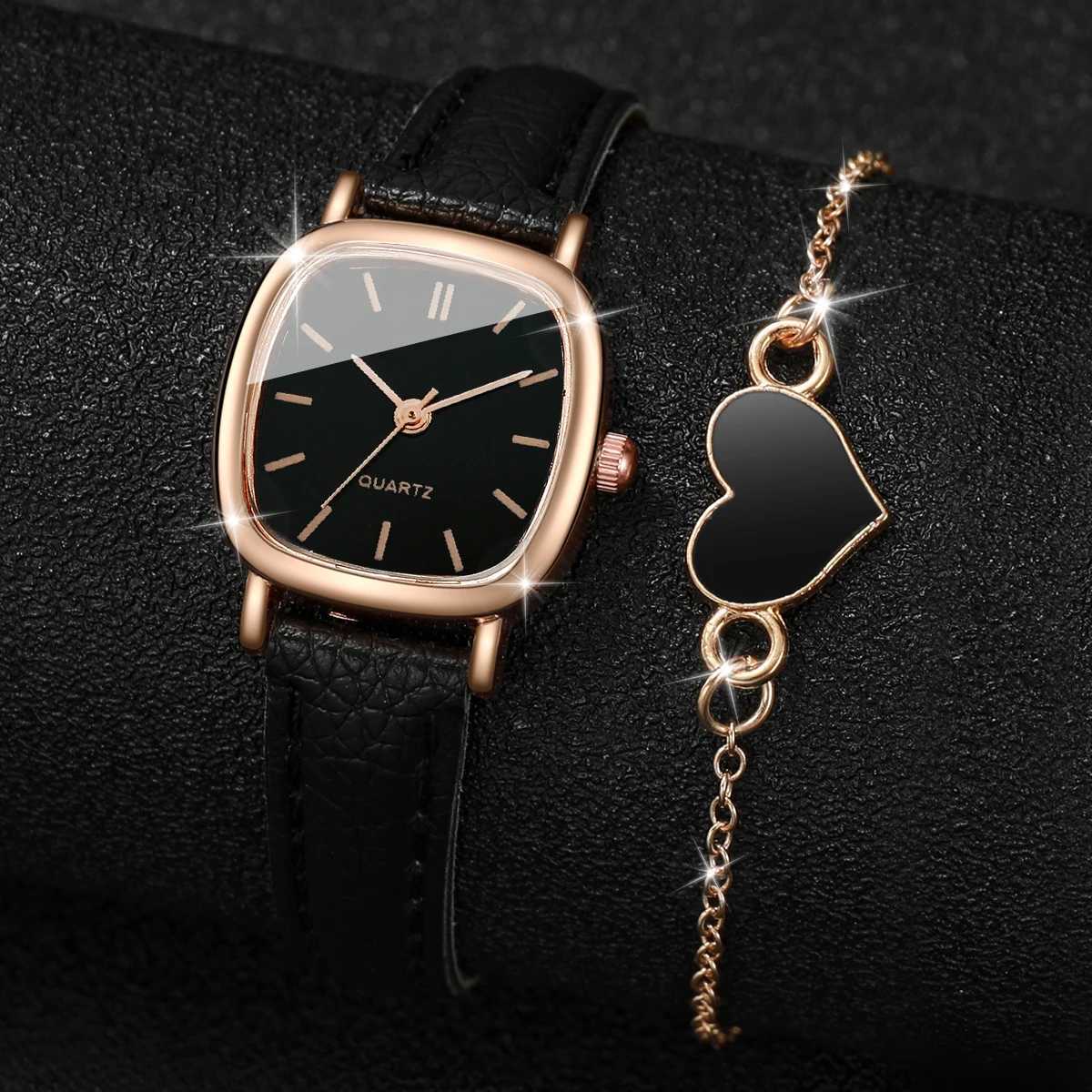 Fashion Women Leather Strap Square Case Quartz Watch Heart BraceletX240923