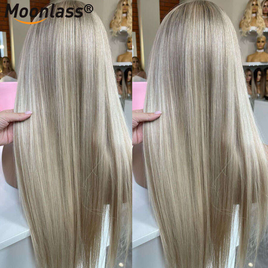 Glueless Highlight Ash Blonde Straight Wig 100% Human Hair 180 Density 13x6 Lace Front Preplucked Natural Remy Wigs
