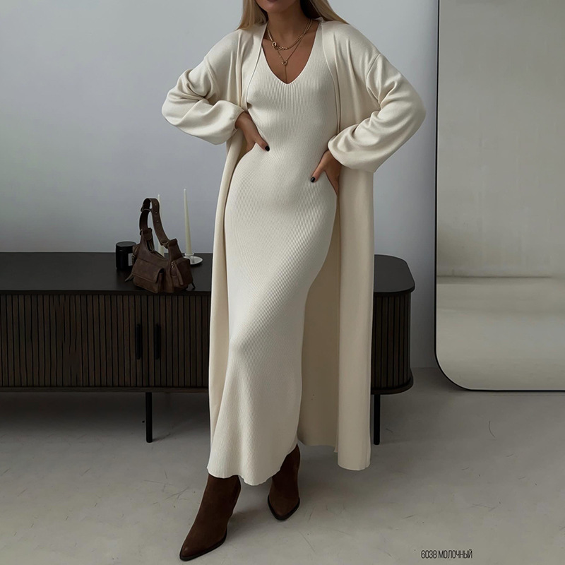 Fashion Autumn Knitting Dresses Set Women Temperament Slim Sling Long Dress with Cardigan Sweater Elegant Two Piece Suit