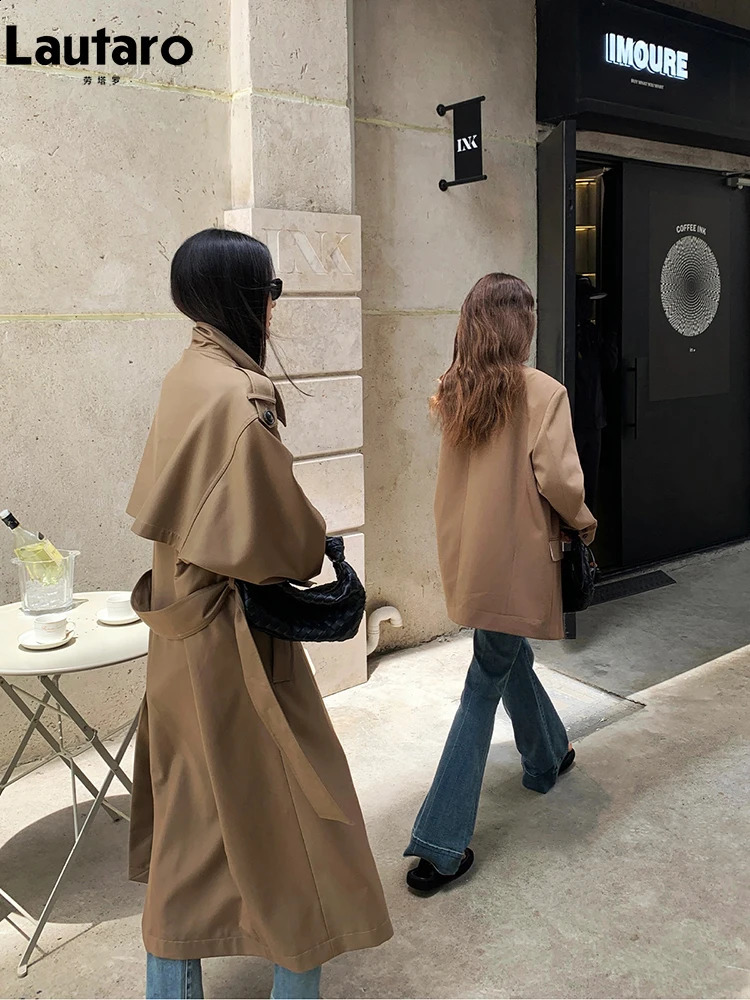 Lautaro Spring Autumn Oversized Khaki Long Grey Trench Coat for Women Double Breasted Loose Casual Korean Fashion Overcoat 2024 240919