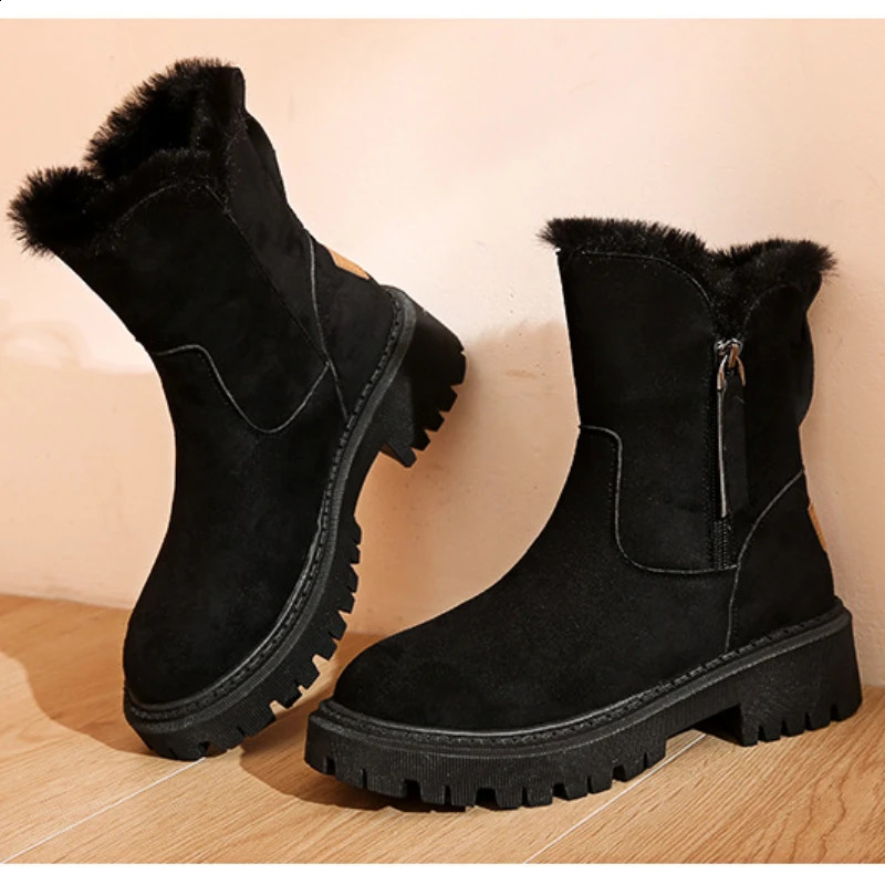 Leather Womens Snow Boots Plush Warmth Casual Cotton Boots Zipper Anti-slip Fangen Womens Boots fasle Fur Fashion Nude Boots 240921