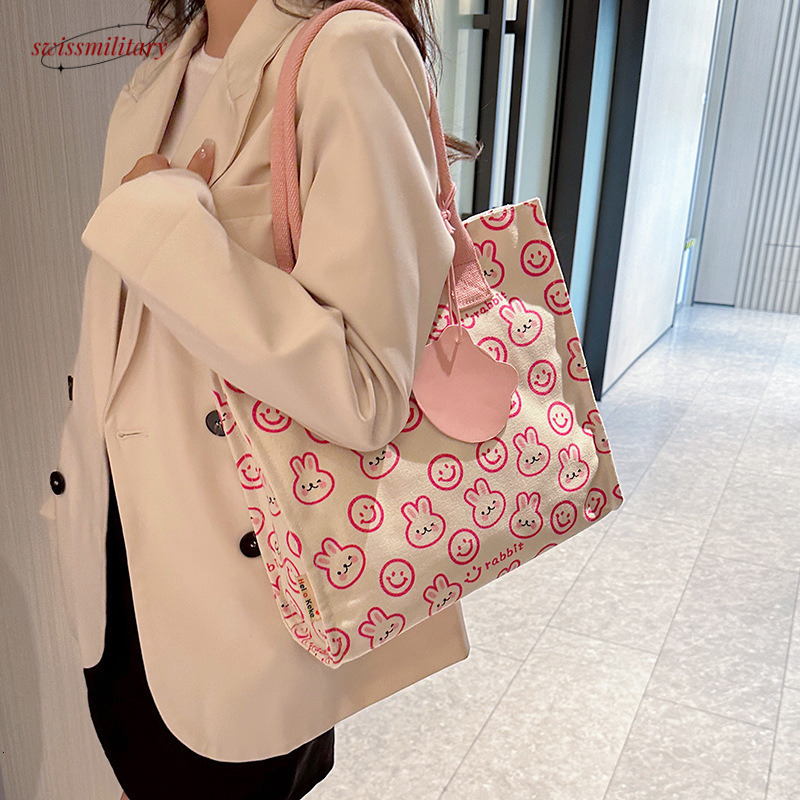 Large capacity canvas shoulder with bunny print tote for female office workers, cute student bag #28 Swissmilitary
