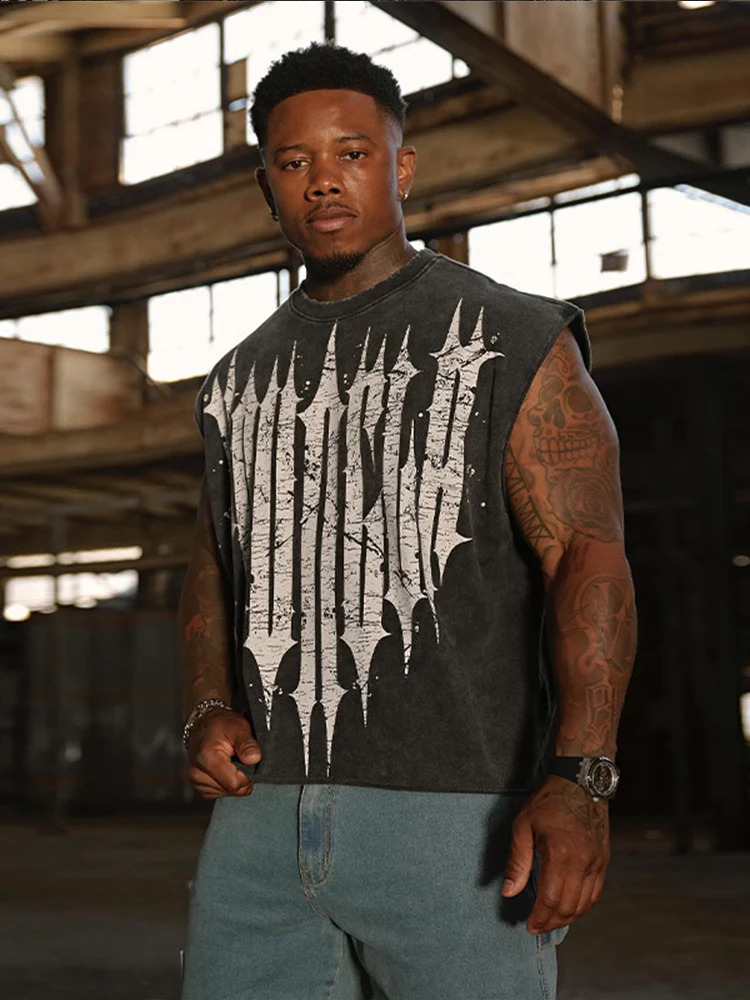 American style printed sleeveless T-shirt mens summer loose basketball vest fashionable street jogging and fitness vest 240923