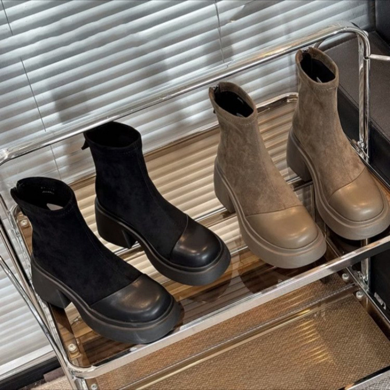 High Chunky Heel Boots for Women Versatile Winter Fashion | Round Toe Khaki aa9f