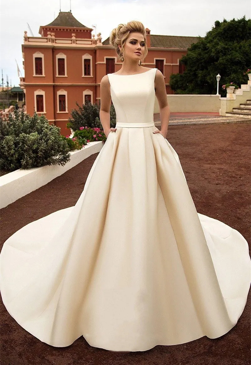 Simple Dark Ivory Satin A Line Wedding Dresses With Pockets 2024 Jewel Neck Backless Long Elegant Garden Bridal Gown