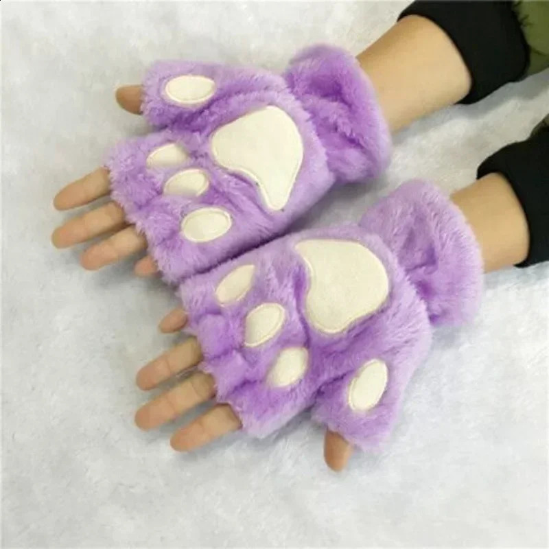 Kawaii Womens Cat Gloves Fashion Girls Cat Claw Plush Gloves Warm and Soft Plush Short Fingered Half Fingered Winter Gloves 241206