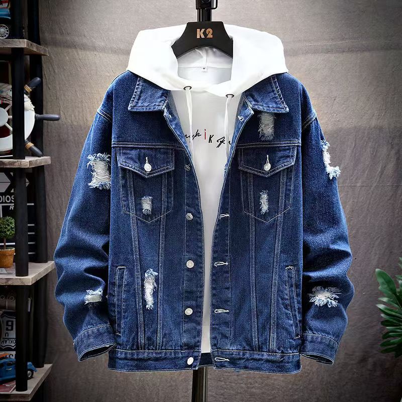 Spring and autumn new fashion casual Korean version of the hole designer men's denim jacket men's washed solid color denim jacket.