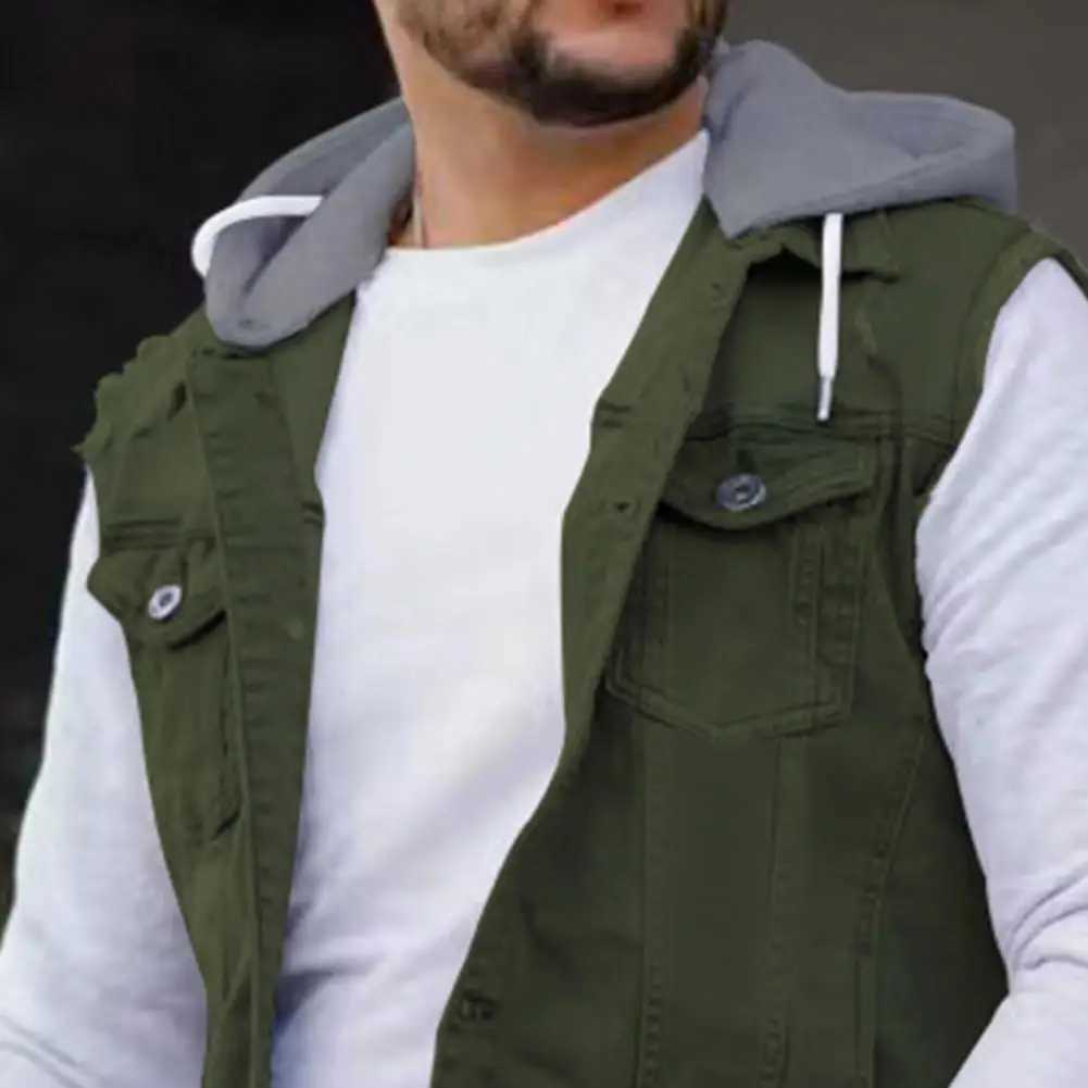 Autumn and winter mens vest jacket denim patch work hoodie waist jacket single chest brushed mens cargo vest W240923