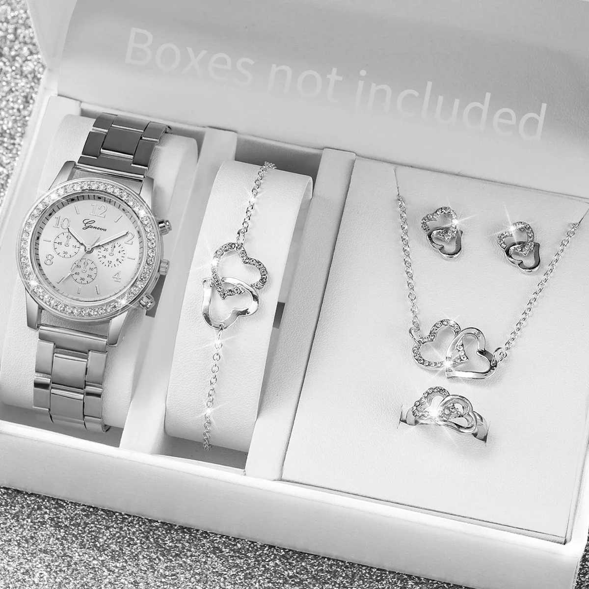 6PCS Set Rose Gold Luxury Watch Women Ring Necklace Earring Quartz Watch Double Heart Jewelry for Ladies Gift Set(Without Box)X240923