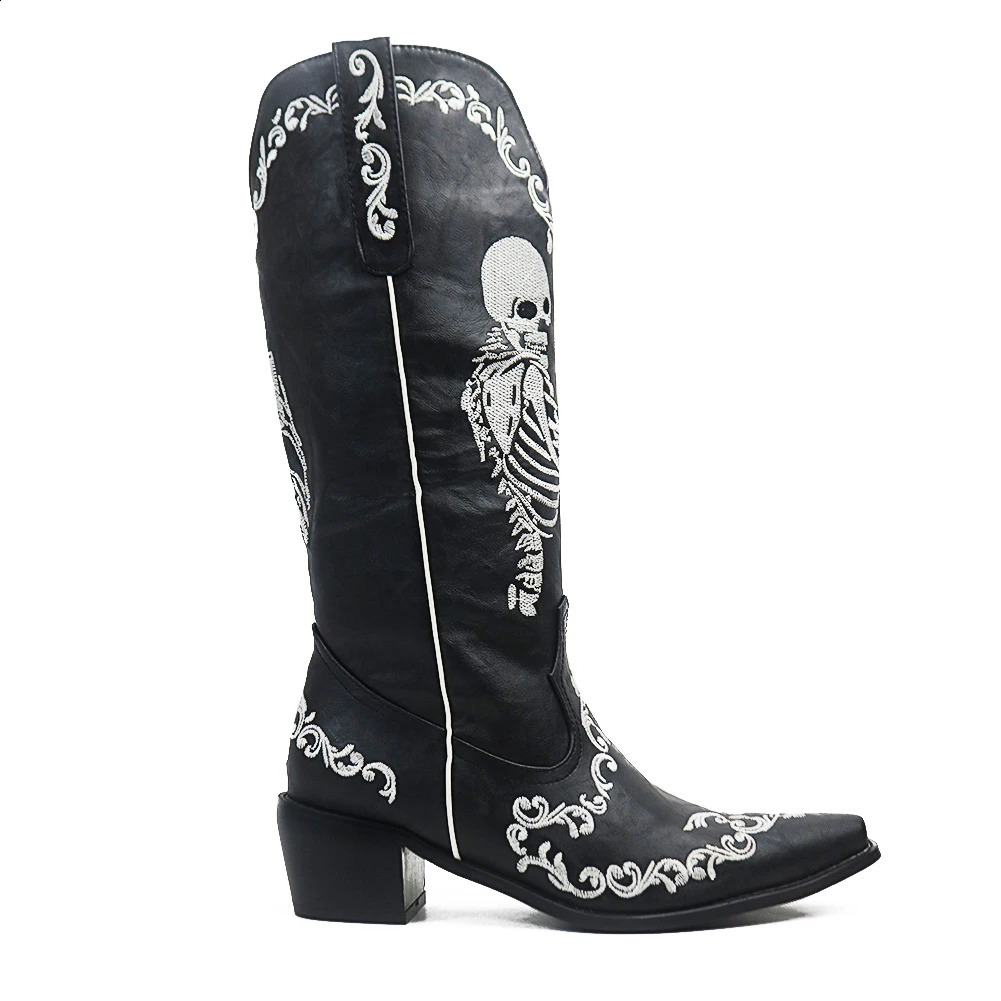 Women Skull Skeleton Selfie Cowboy Western Mid Calf Boots Pointed Toe Slip-On Stacked Heel Goth Punk Autumn Shoes 240921