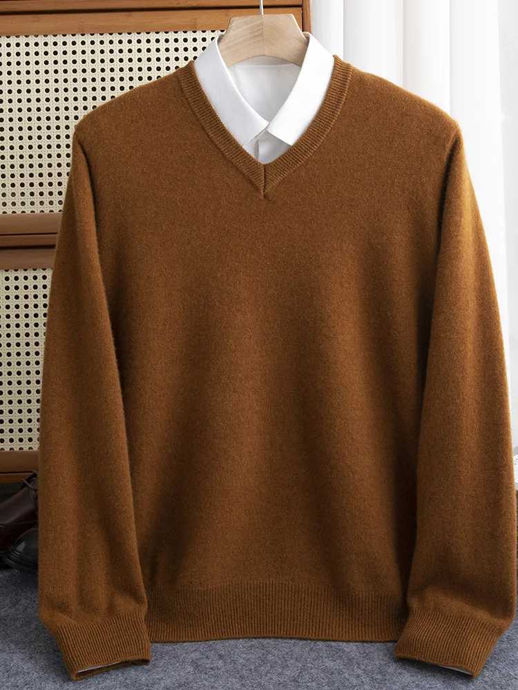 Mens 100% Merino Wool Sweater V-neck Zipper Autumn Winter Cashmere Warm Solid Knitted Fabric X2411261