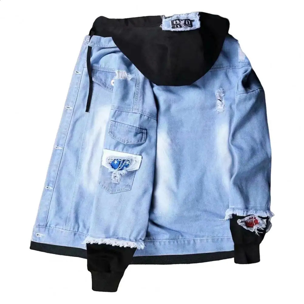 Fashion denim jacket mens button tear brushed daily clothing 240921