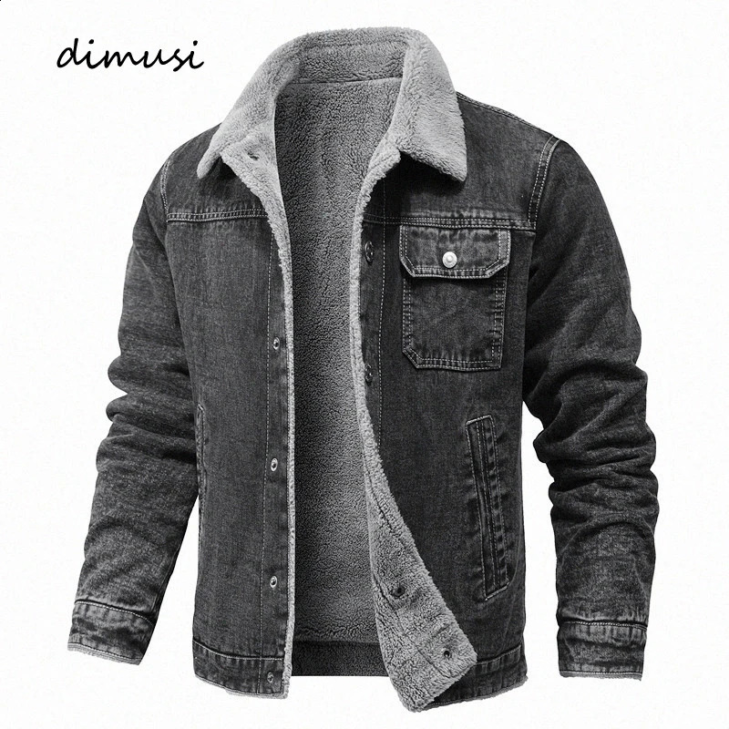 DIMUSI winter mens denim jacket casual wool warm windproof retro military jeans clothing 240921