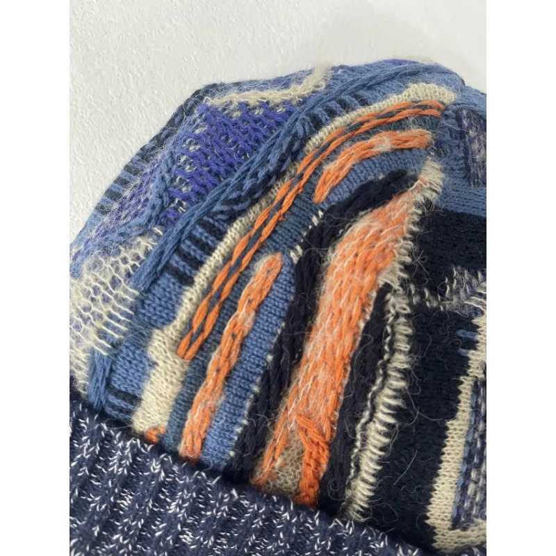 Beanie/Skull Caps Kital Jan Handmade Hats Men Knitted Blend Vintage Patchwork Warm Wool C Geometric Color Block Bonnets for Women Winter Hat J240923