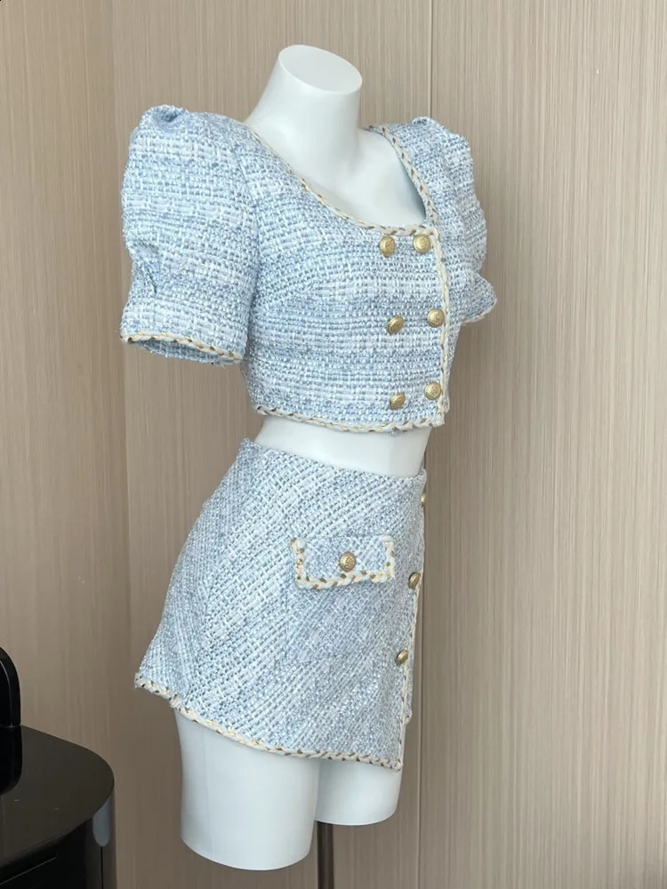 Elegant Chic Vintage Tweed Sets Women Outfits Puff Sleeve Double Breasted Cropped Tops Asymmetrical Mini Skirt Two Piece Suits 240921