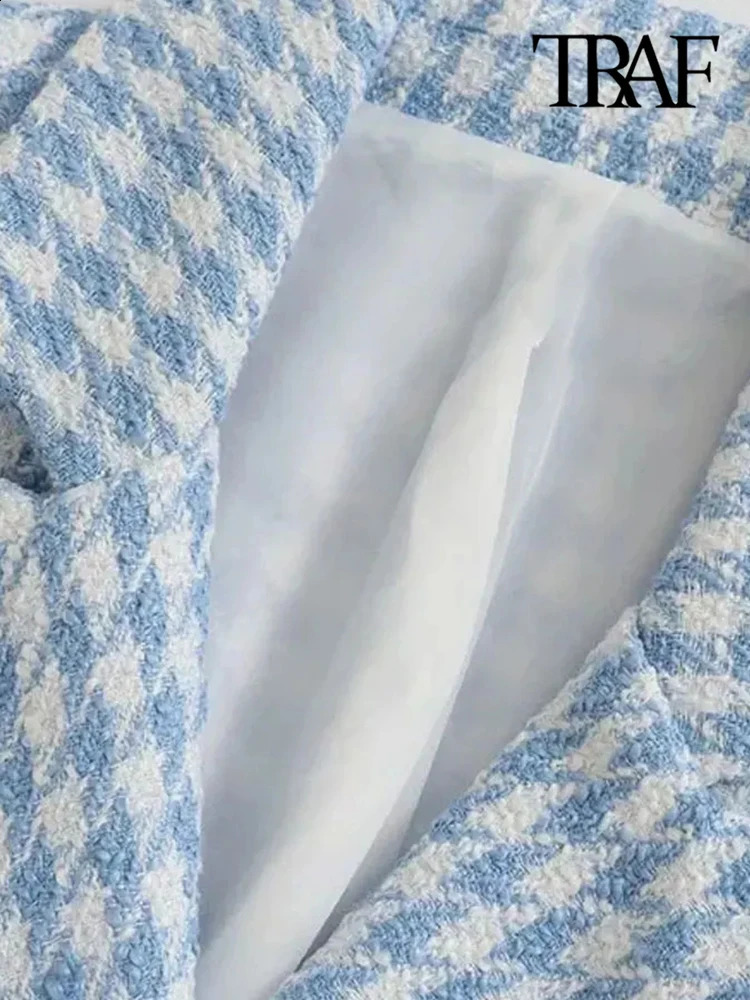 TRAF Women Fashion Houndstooth Double Breasted Tweed Blazer Coat Vintage Long Sleeve Flap Pocket Female Outerwear Chic Veste 240911