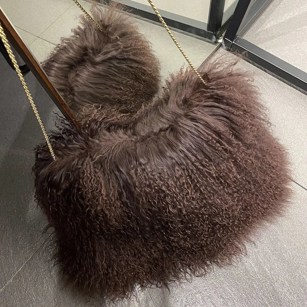 YOLOAgain Real Mongolian Sheepskin Shoulder Bag Womens Chain Fur Handbag 240923