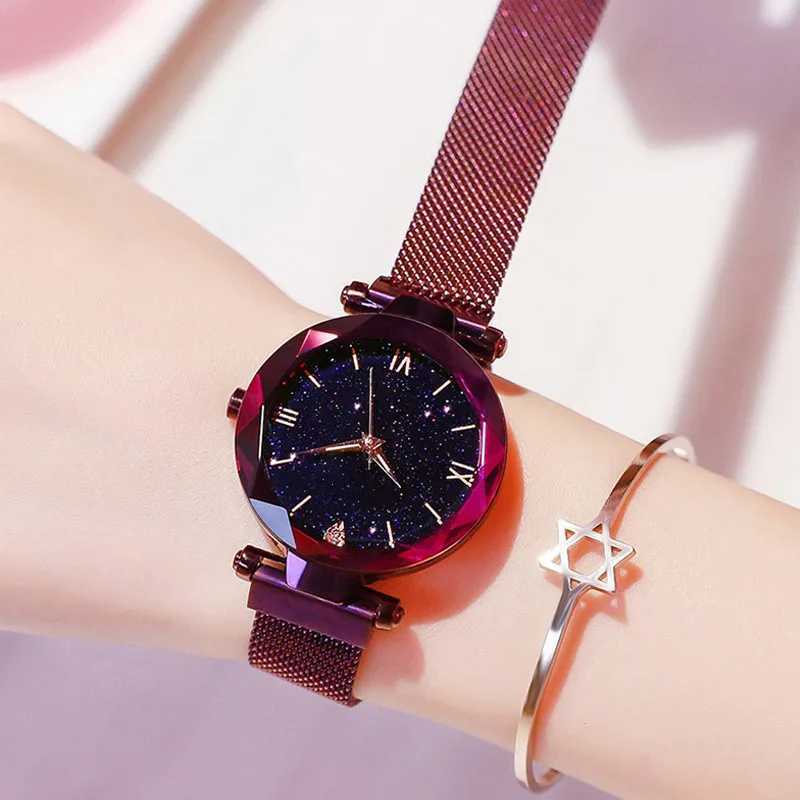 Womens Fashion Starry Sky es Magnet Buckle Mesh Belt Diamond Quartz Women Dr ClockXJ250304