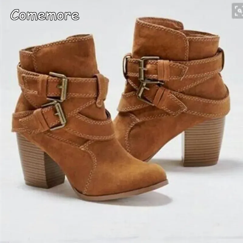 Buckle Casual Ladies Shoes Female Chelsea Short Boot Chunky Heel Autumn Footwear 2024 Vintage Women High Heels Ankle Boots