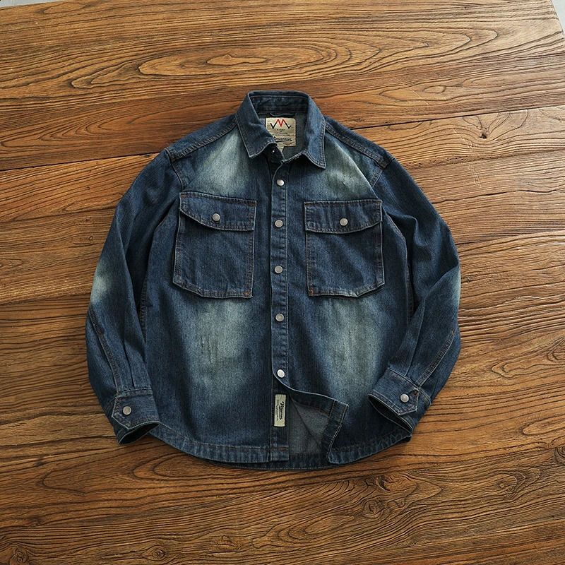 Mens denim jacket autumn loose casual shirt fashionable pocket cargo 240921