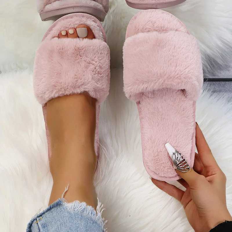 2022 New Women Winter House Furry Slippers N-Slip Casual Indoor Flats Floor Shoes Ladies Flip Flops Warm Shoes Solid ColorsXJ250207