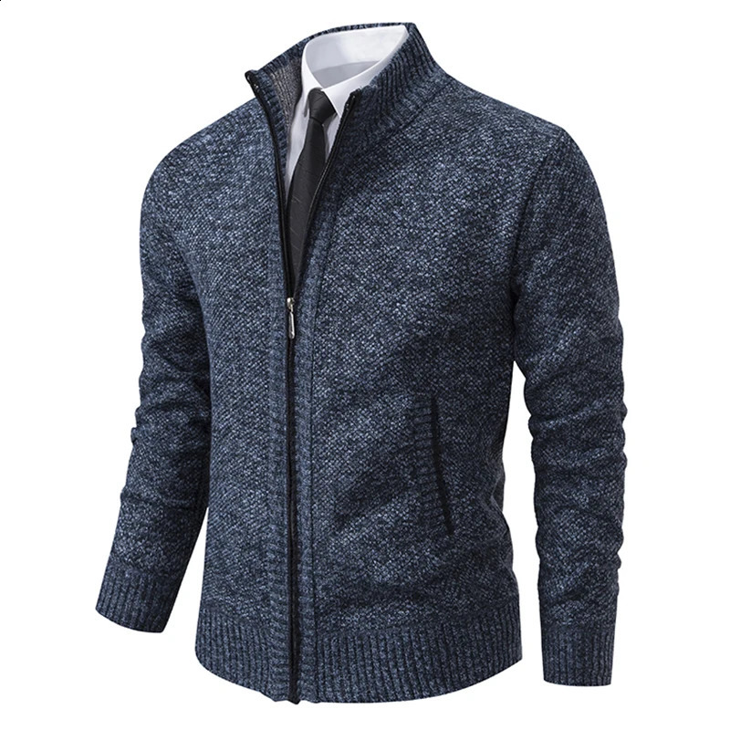 Autumn And Winter Mens Casual Sports Coat Solid Color Stand Collar Wweater Grab Fleece Warm Zipper Cardigan 240923