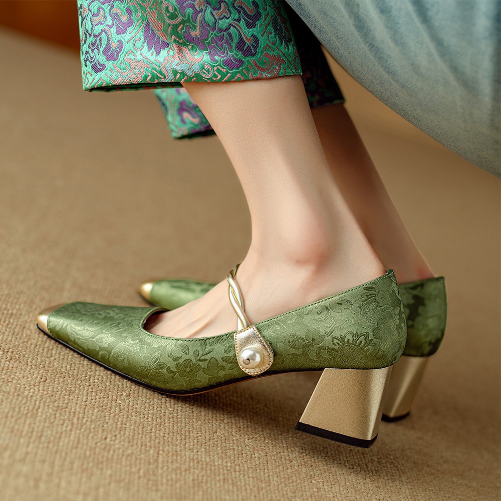 Women Shoes High Heel Fashion Clunky Heel Increase Height Chinese Style Versatile Trendy Pearl Design Triple Black Apricot Green Free shipping
