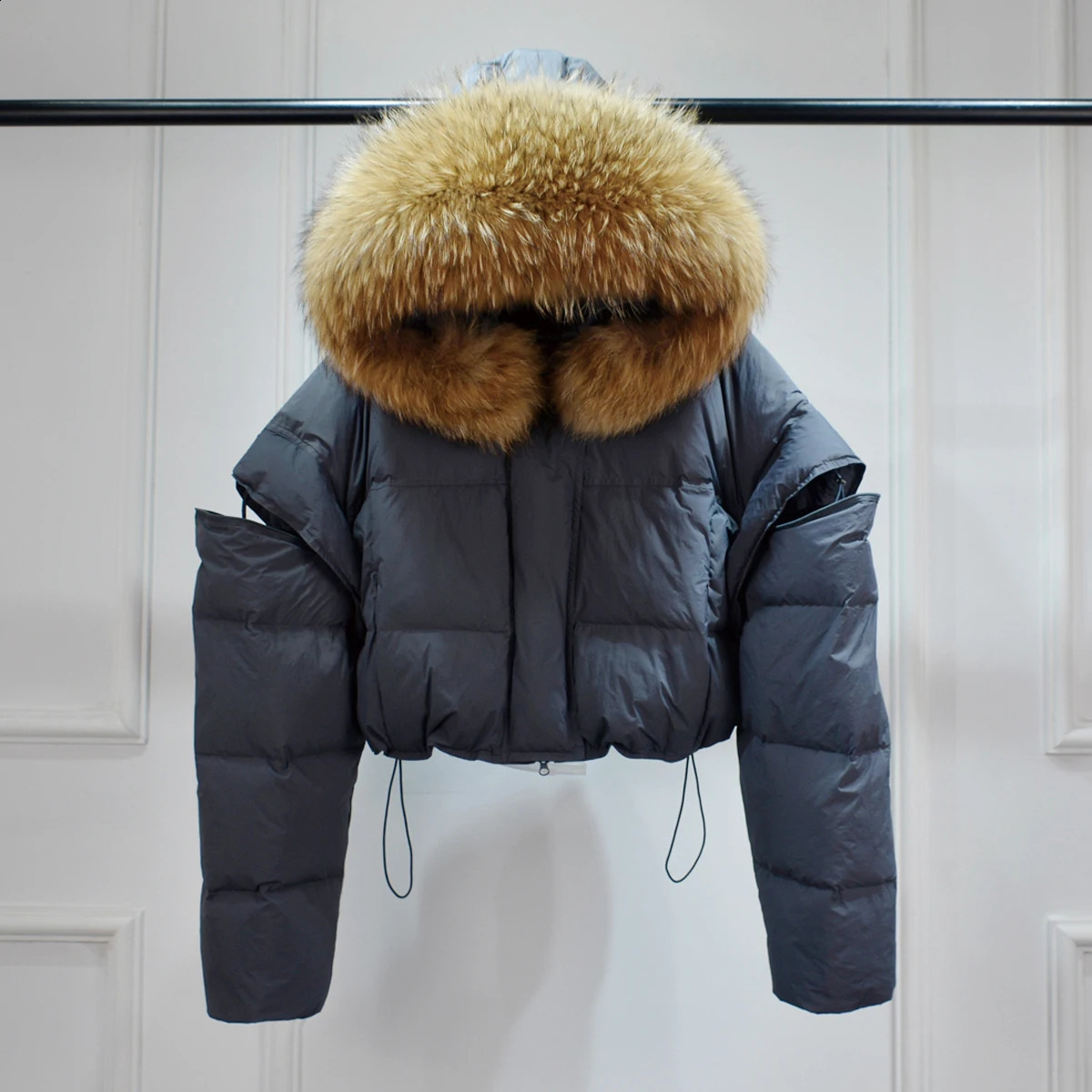 Dazhen Raccoon Fur Hooded Waterproof Winter Short Inflatable Jacket Detachable Sleeves Womens Duck Down Parka 240921