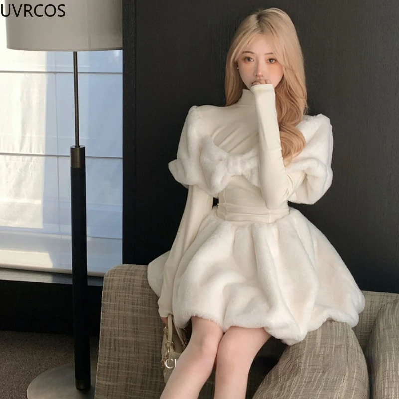 Winter Sweet Half High Collar Lolita Dress Women Elegant Plush Patchwork Bow Party Mini Dresses Korean Style Casual Slim Dresses 240913