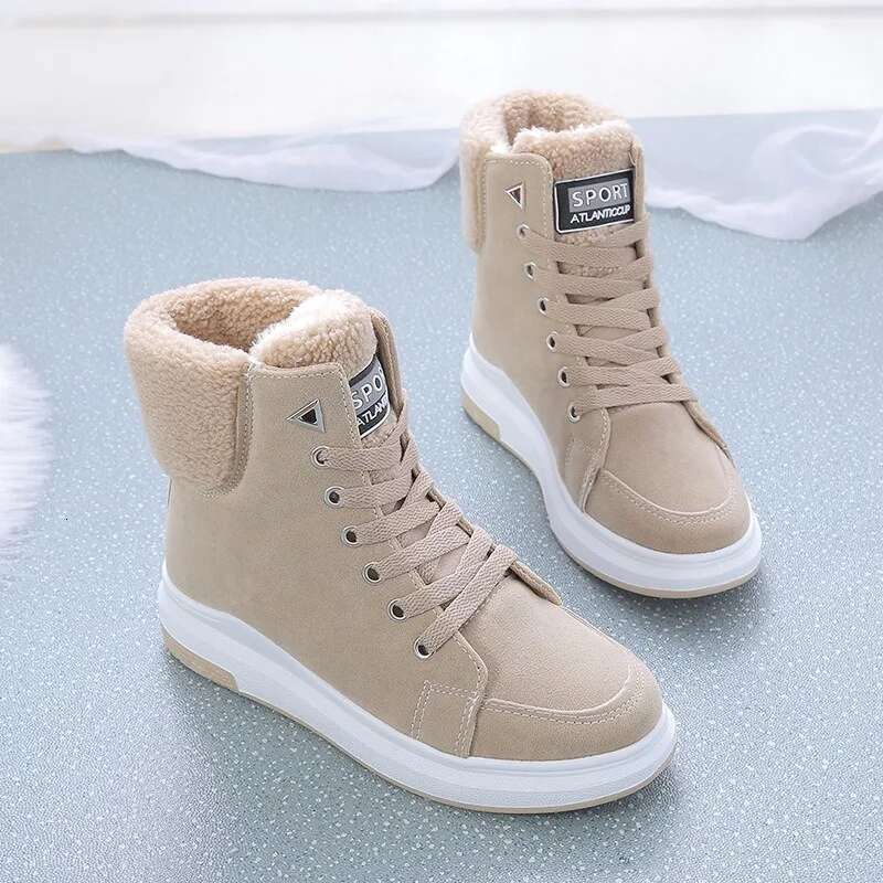 Ankle Warm PU Plush Winter Woman Sneakers Flats Lace Up Ladies Shoes Women Short Snow Boots