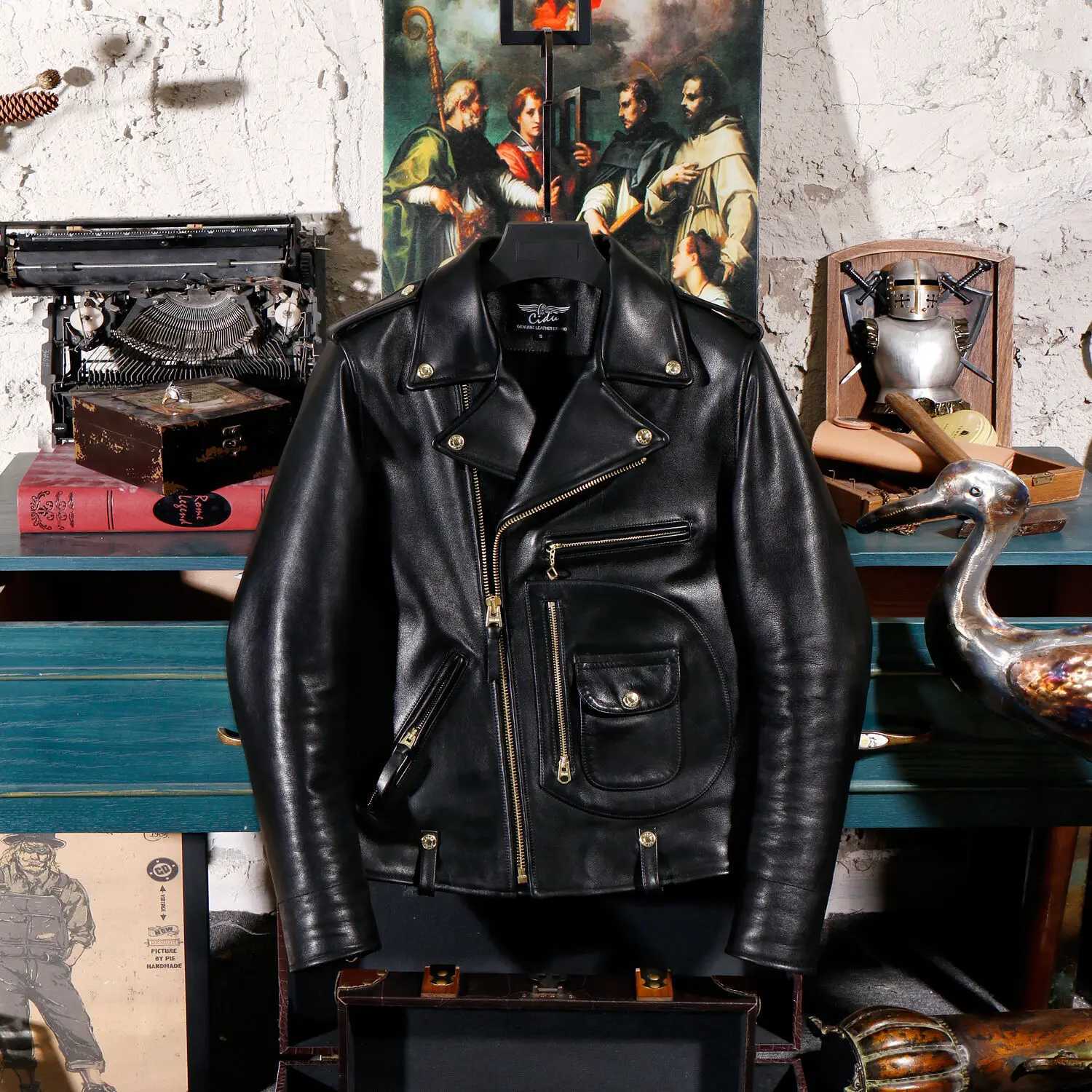 YR Free Delivery. Italian Cidu luxury wax printed cowhide clothing motorcycle style leather jacket J24 mens heavy-duty leather coat CL240923
