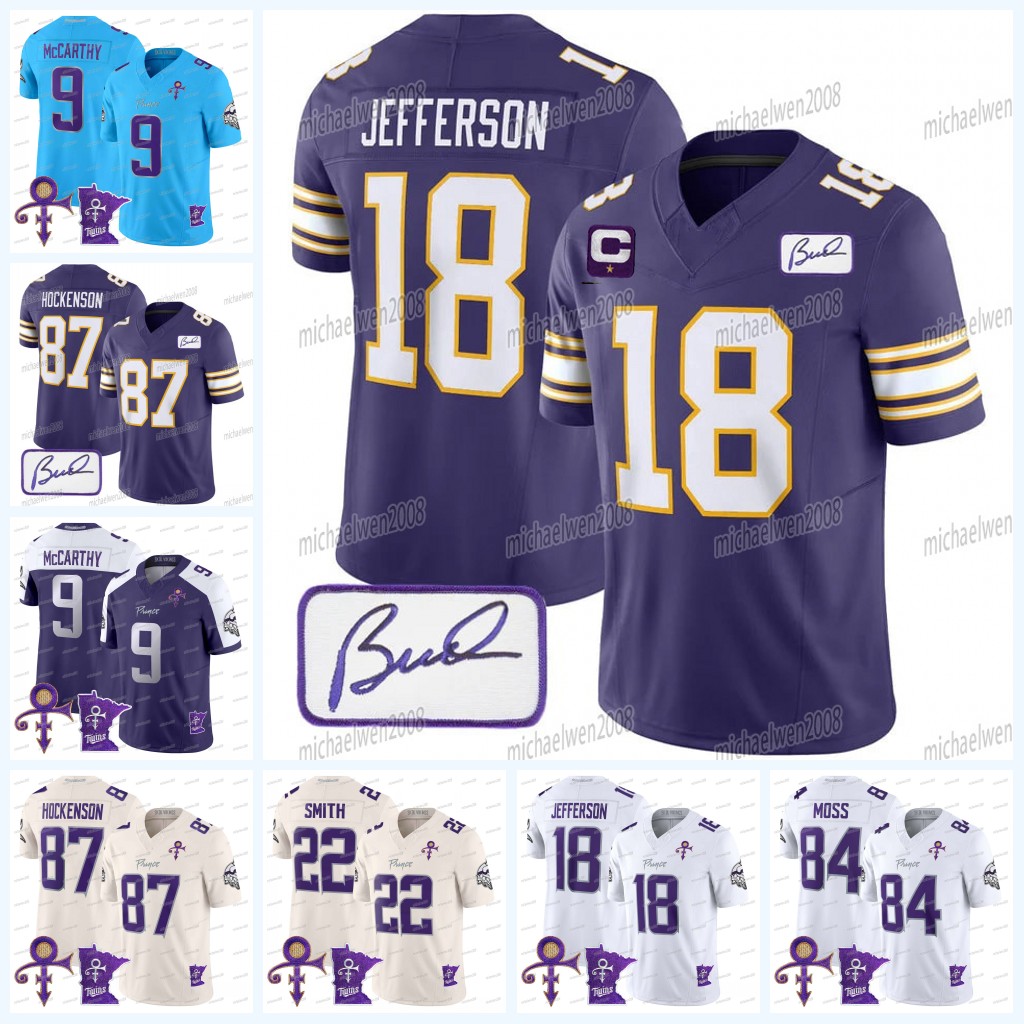 18 Justin Jefferson 33 Aaron Jones TJ Hockenson 2024 Vikinges Bud Grant Football Jersey Kirk Cousins Addison Harrison Smith Adrian Peterson Ham Randy Moss
