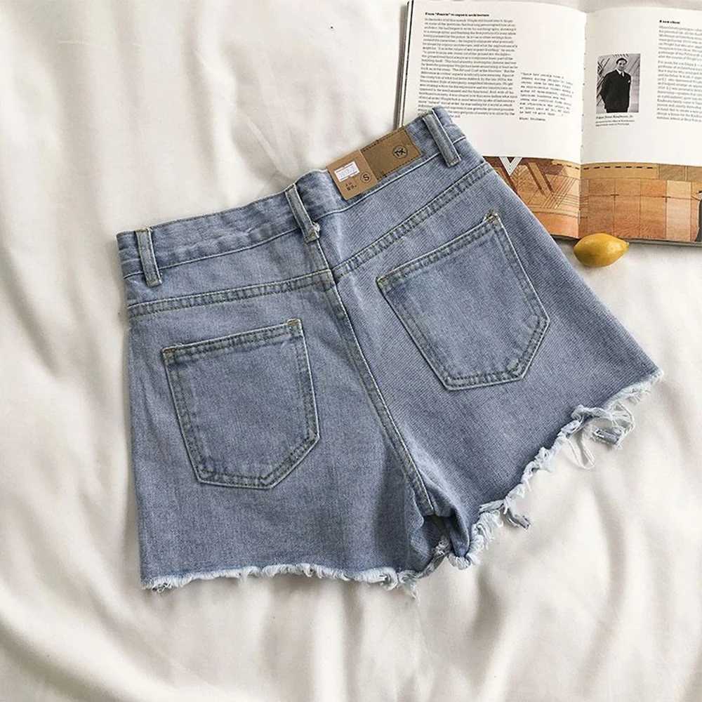 Summer Korean Womens Cowboy Shorts High Waist Casual Blue Denim Shorts Pocket Tassel Perforated Fashion Shorts Y2K Female JeansX2409