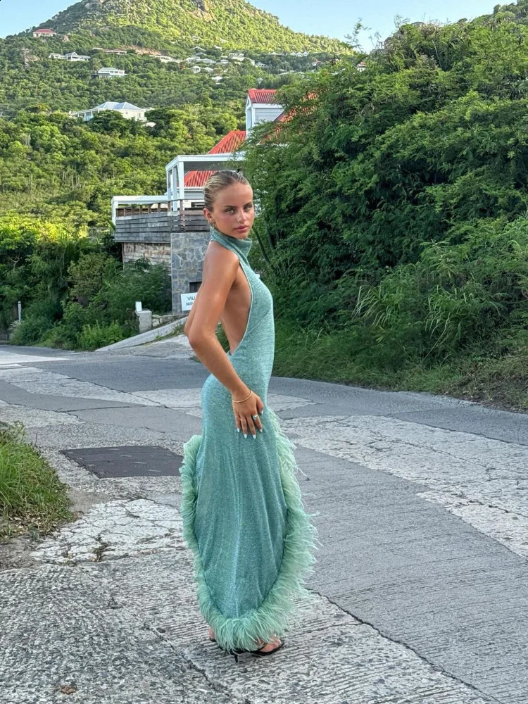 Bright Silk Feather Hem Patchwork Long Gowns Green Split Turtleneck Sleeveless Slim Dresses Women Irregular Elegant Party Robes 240921