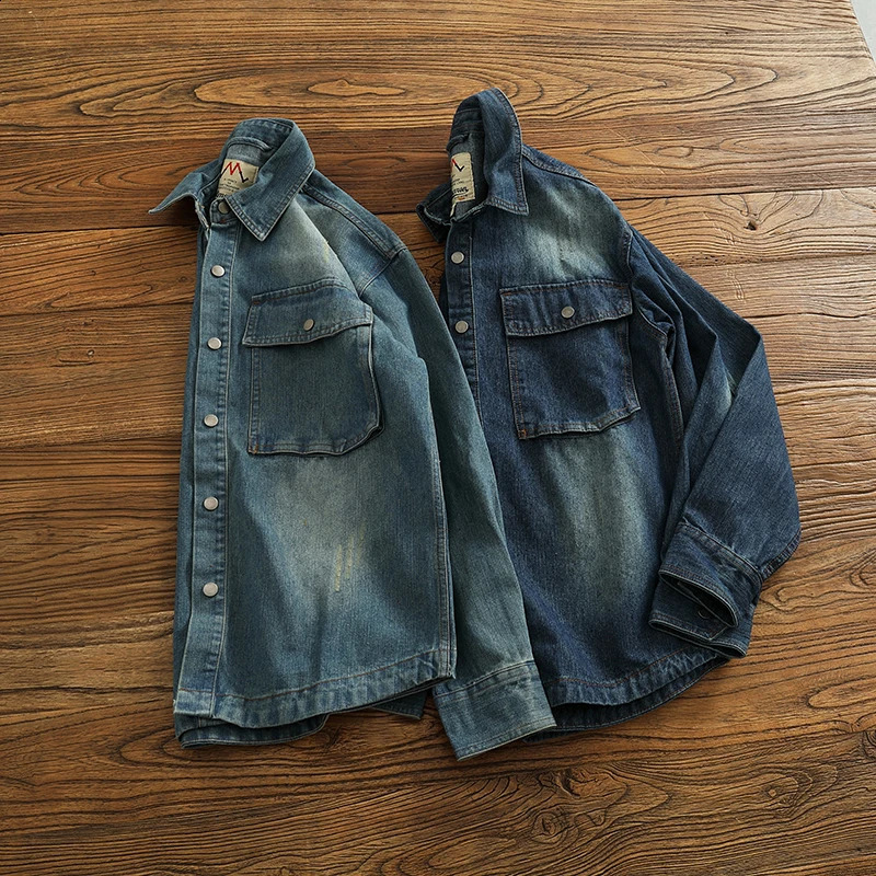 Mens denim jacket autumn loose casual shirt fashionable pocket cargo 240921
