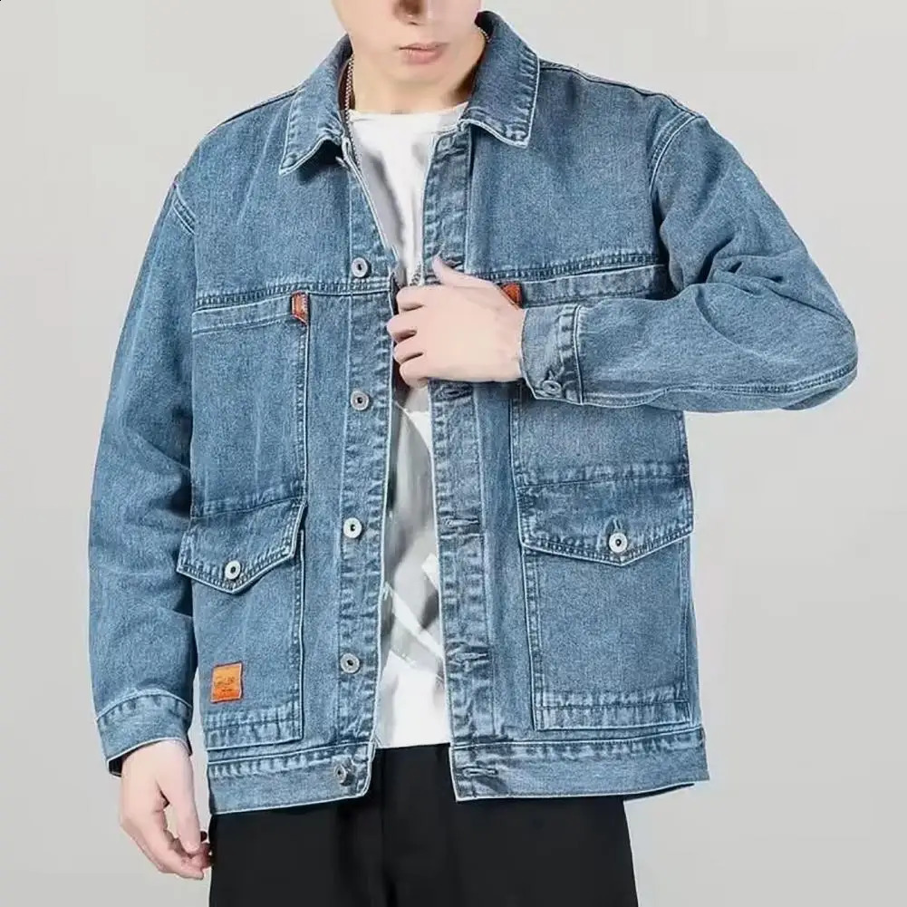 SpringAutumn Mens Denim Jacket Casual Solid Color Fashion Motorcycle Medium Length for Dating 240921