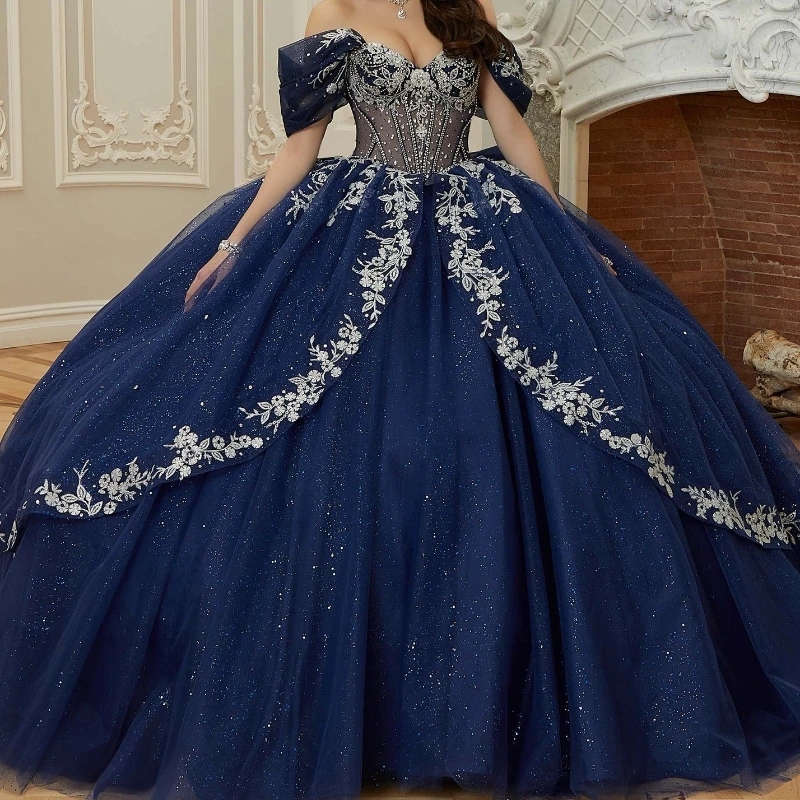 Navy Blue Shiny Quinceanera Dresses Ball Gown Off The Shoulder Applique Beading Crystals Tull Corset Sweet 16 Dress Vestido De 15 Anos
