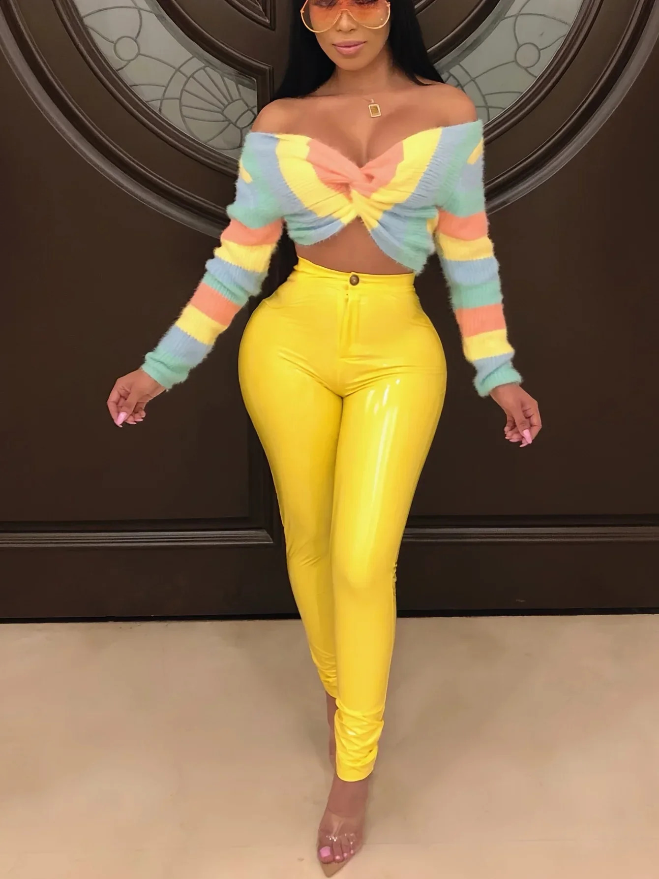 Womens latex synthetic Pu leather pants Trouser push high waist tight pants Pencil autumn and winter solid color sexy womens pants 240921