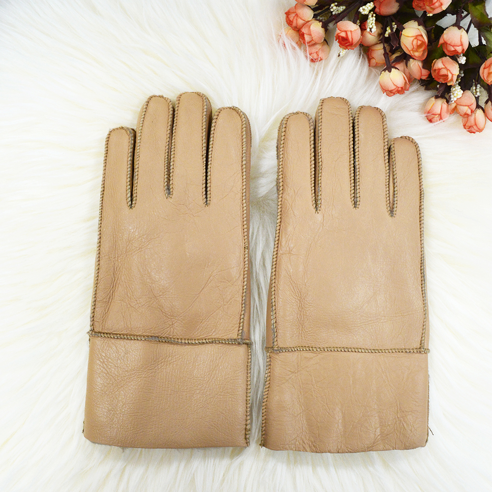 Winter Outdoor Solid Thickened Style Genuine Leather Fur Lined Gloves Mittens Wool Gloves For Men