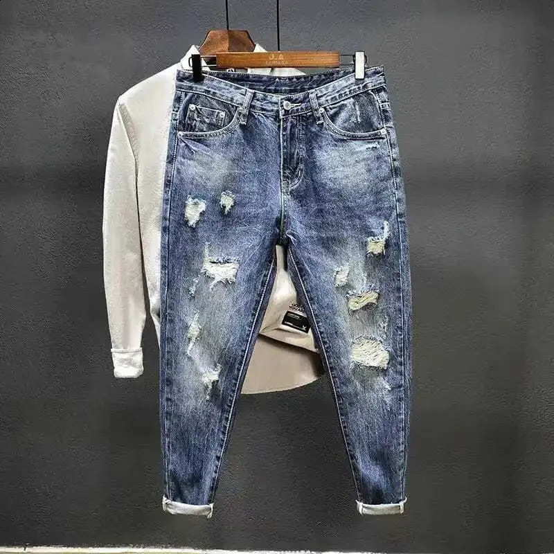 Tear open mens jeans with crack print hole pattern Trouser aesthetic tapered Harajuku classic handcart Xs mens jeans 240921