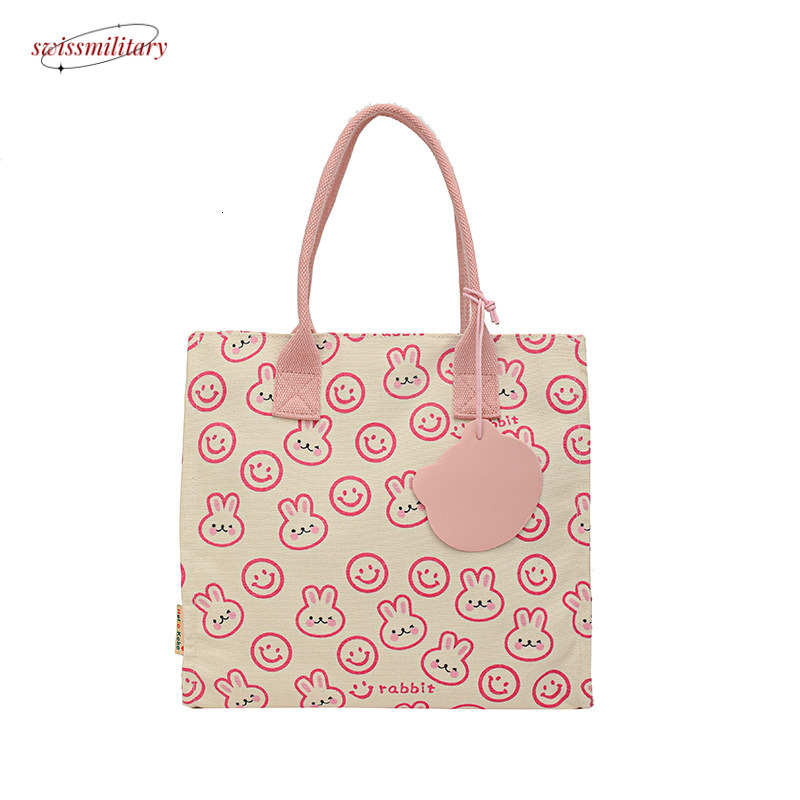 Large capacity canvas shoulder with bunny print tote for female office workers, cute student bag #28 Swissmilitary